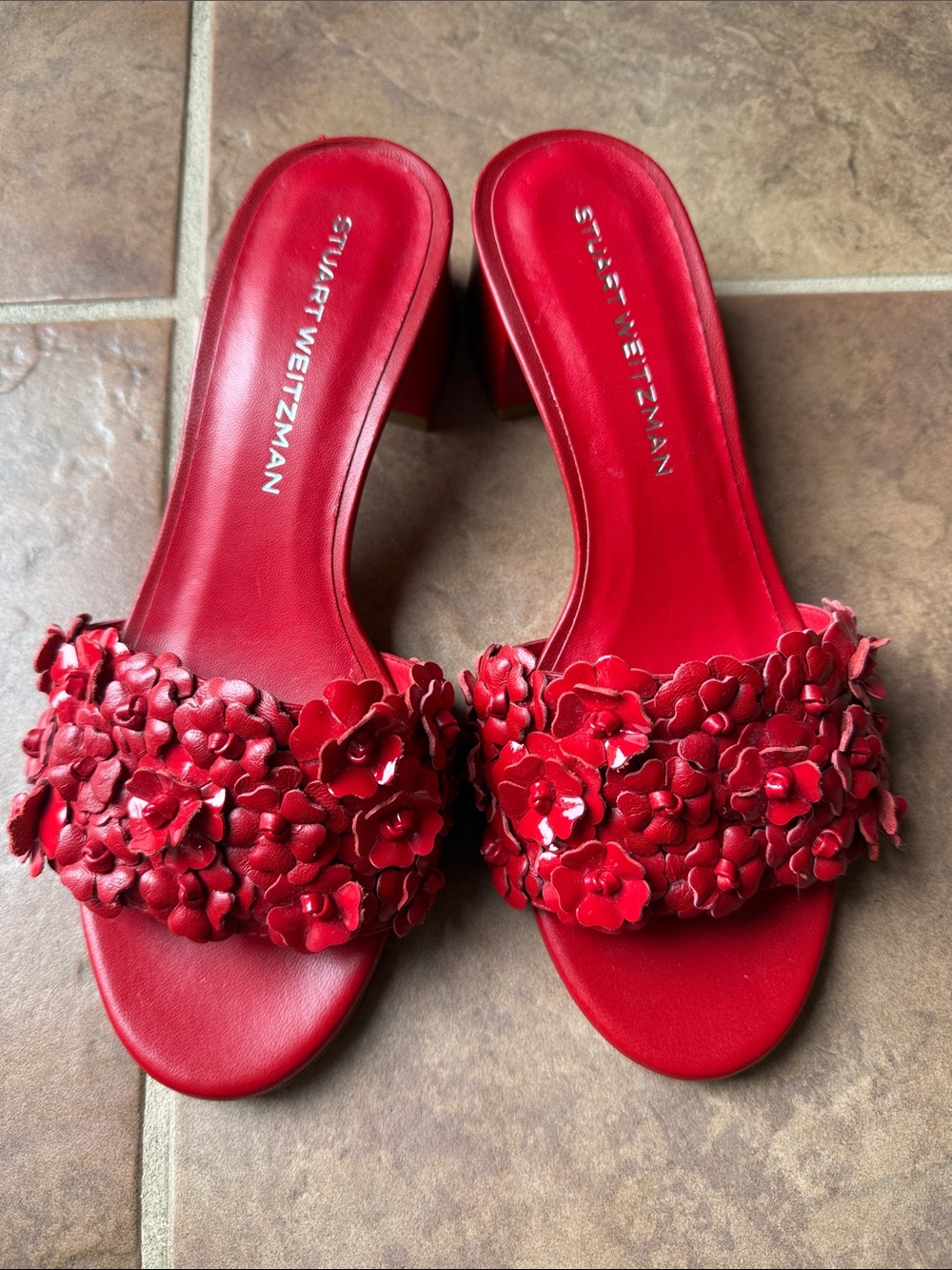 Stuart Weitzman Red Floral Appliqué Slide Mules